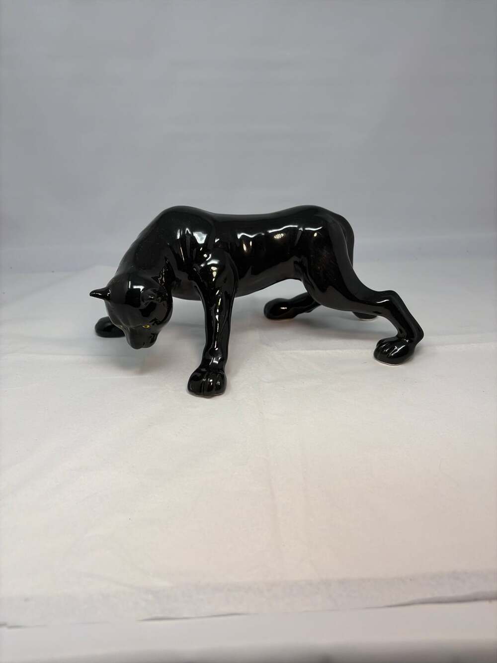 Vintage MCM Mann Pottery Stalking Black Panther Ceramic Figurine 12” long Boxed